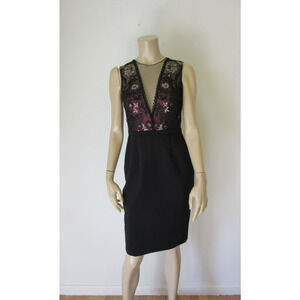 THEIA Black Floral Applique Sleeveless Size 4 Sheath Mesh Knee Length Dress